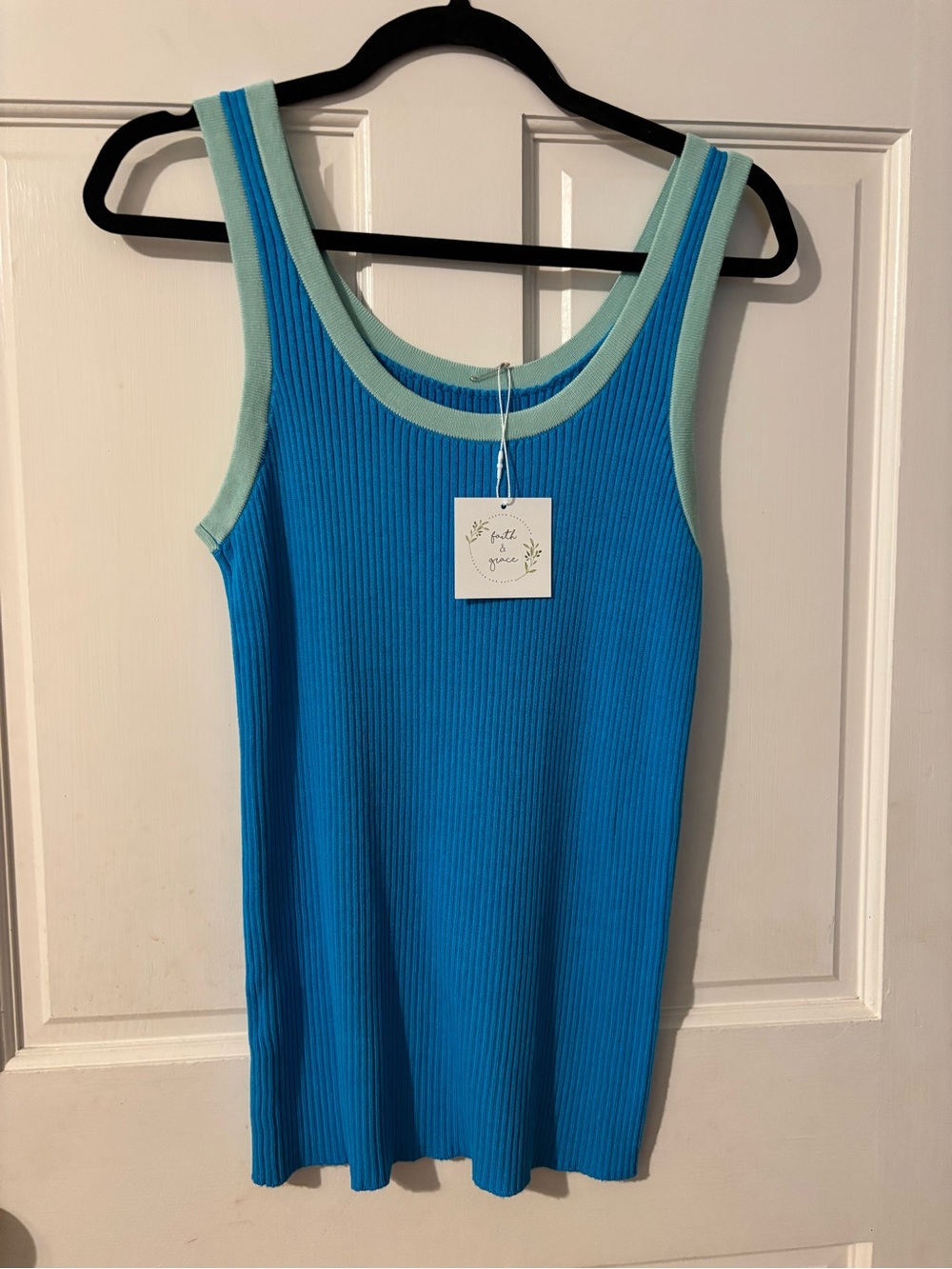 NWT, Bright Blue Ribbed Tank with Mint Trim -